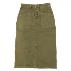 ANTHROPOLOGIE Moss Green Button Front MIDI Pencil Skirt Travel Khaki Pockets New